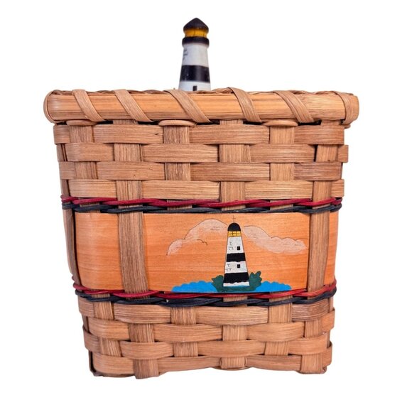 Karen Traub Coastal Wicker Basket Lighthouse Lid VTG Woven Nautical Storage - Picture 2 of 16